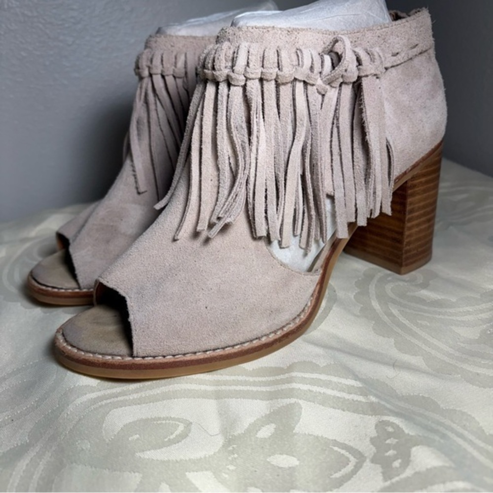 Fringed Suede Peep-Toe Ankle Boots